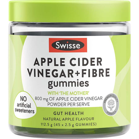 Swisse Apple Cider Vinegar + Fibre Gummies in a vibrant fruit shape, promoting digestive health and wellness with natural apple flavor.