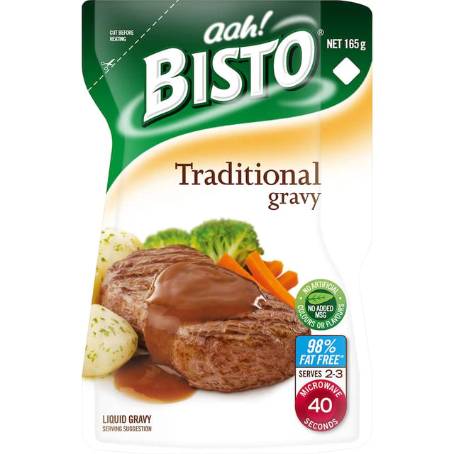 Savory Bisto Gravy Traditional pouch, ideal for enhancing meals with 98% fat-free, natural flavor, microwave-safe convenience.