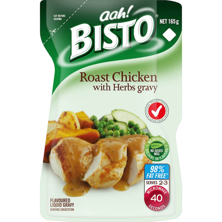 Bisto Gravy Roast Chicken with Herbs in a microwave pouch, 98% fat-free, no artificial additives, perfect for quick meals.