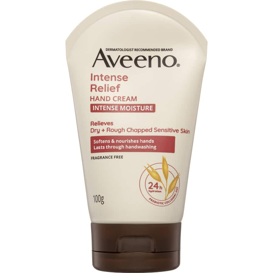 Aveeno Active Naturals Hand Cream for intense relief; hydrates dry, chapped hands with prebiotic oat formula, fragrance-free.