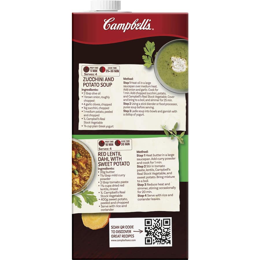 Image of Campbell's Real Stock Vegetable Stock Liquid, a 100% natural, 99% fat-free stock, perfect for enhancing soups, stir fries, and risottos.