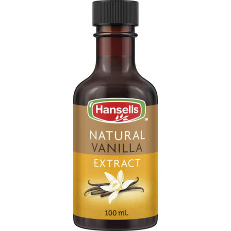 A bottle of Hansells Natural Vanilla Extract, perfect for enhancing cakes, cookies, and pastries with rich vanilla flavor.