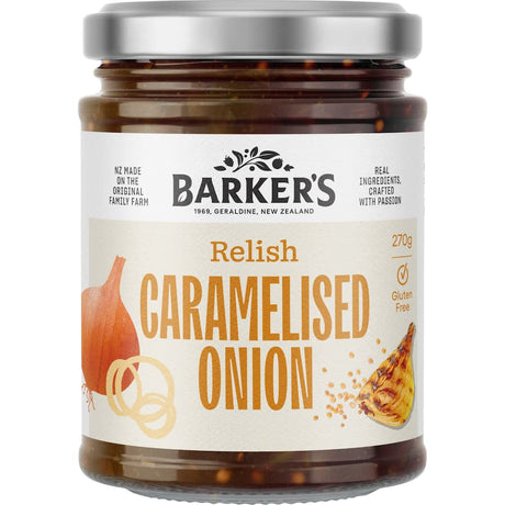 A jar of Barkers Chutney NZ Onion Marmalade, featuring rich, sweet-savory flavors crafted from premium New Zealand onions.