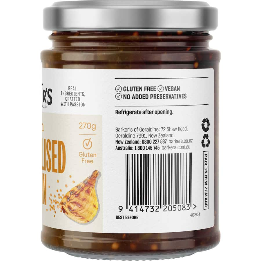 Barkers Chutney NZ Onion Marmalade, a gluten-free condiment made from premium NZ onions for sweet and savory flavor.