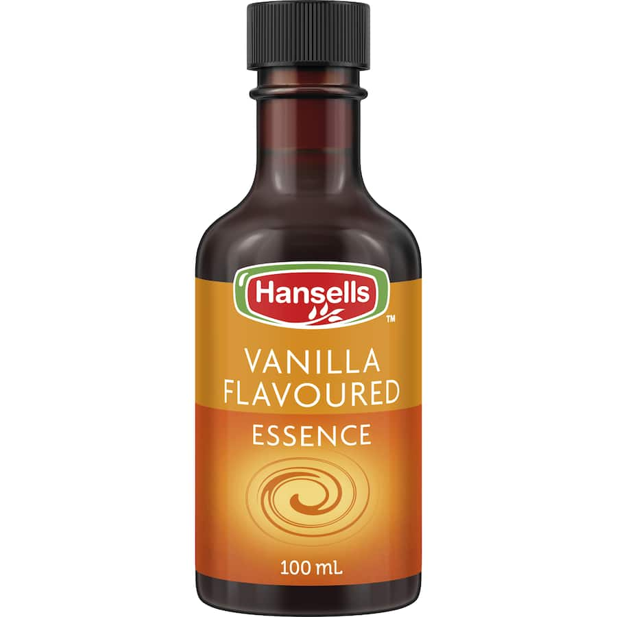 Bottle of Hansells Vanilla Essence Flavoured for baking, enhances desserts with rich, aromatic vanilla flavor.