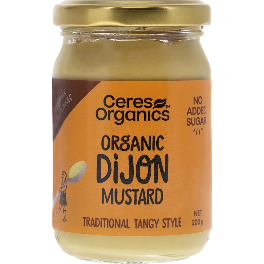 Organic Dijon mustard in a jar, ideal for dressings, marinades, and sandwiches, boasting bold, zesty flavor and healthy ingredients.