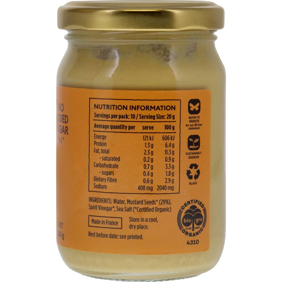 Organic Dijon mustard with bold flavor, perfect for dressings, marinades, and gourmet sandwiches. Gluten-free and vegan.