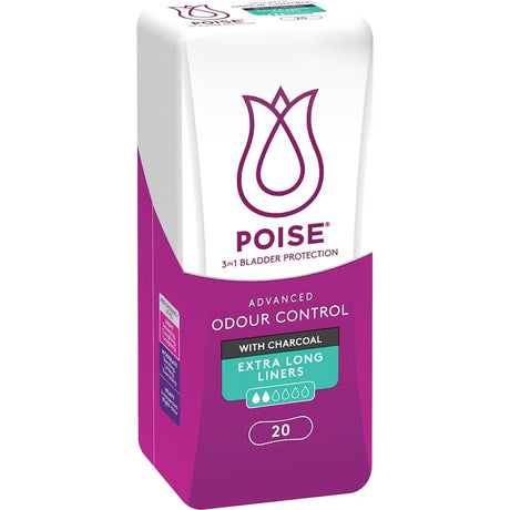 Extra-long Poise Continence Liner offers discreet, reliable protection against bladder leakage with charcoal odour control and comfort.