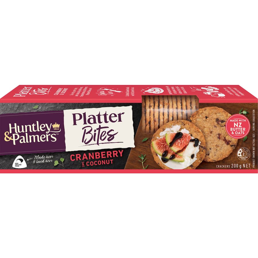 Elegant platter of Huntley & Palmers Crackers featuring cranberry and coconut, perfect for cheese boards and casual snacking.