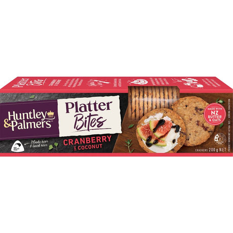 Elegant platter of Huntley & Palmers Crackers featuring cranberry and coconut, perfect for cheese boards and casual snacking.