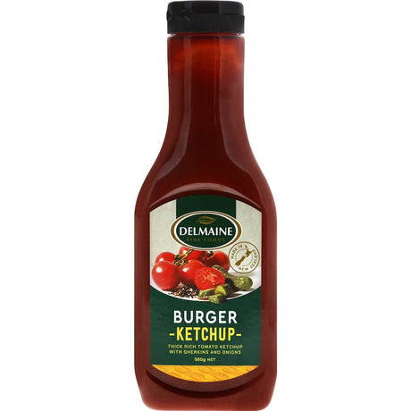 Delmaine Ketchup Burger in a 580g bottle, perfect condiment for enhancing burgers and grilling experiences.