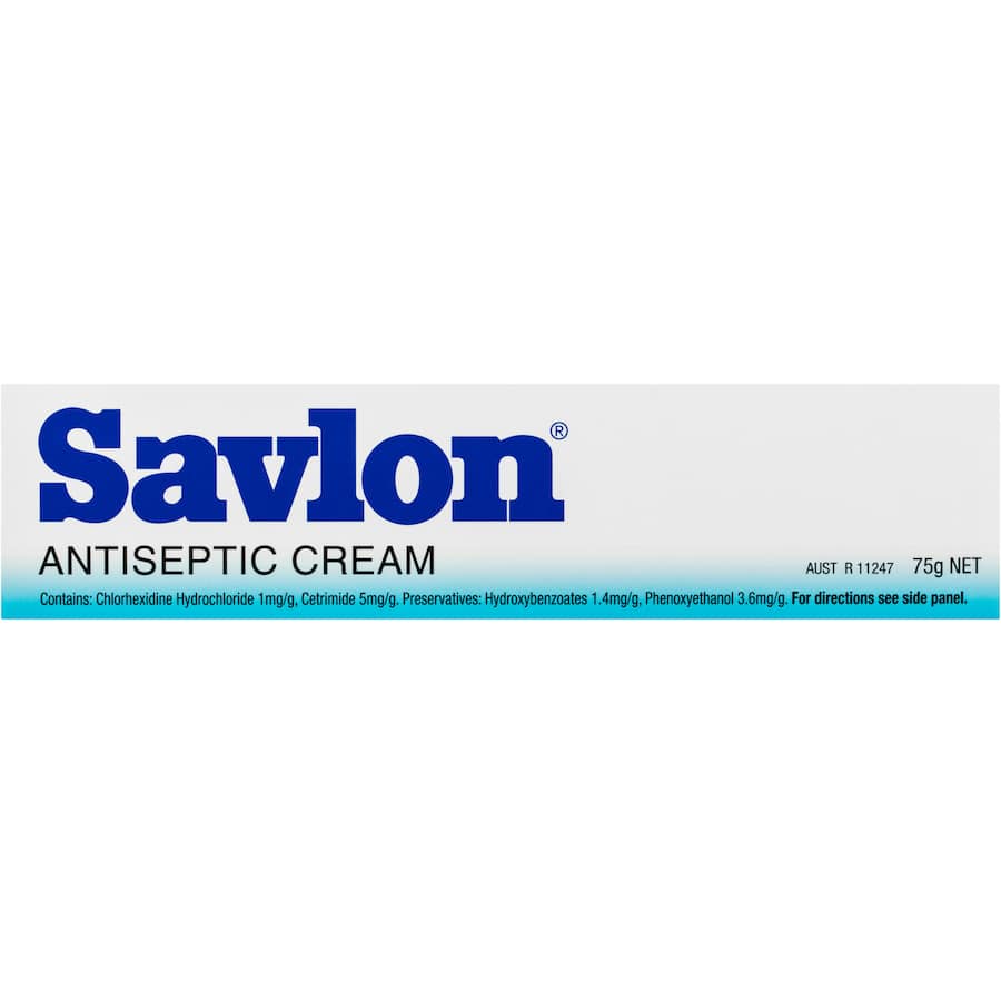 Savlon Antiseptic Cream in a tube, offering soothing relief for cuts, scrapes, and skin irritations with germ-killing agents.