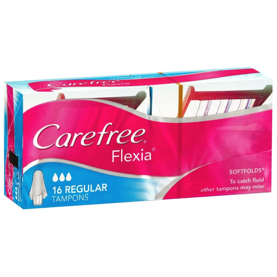 Carefree Flexia Tampons Regular featuring softfold flexible wings for enhanced comfort and leak protection on light to moderate days.