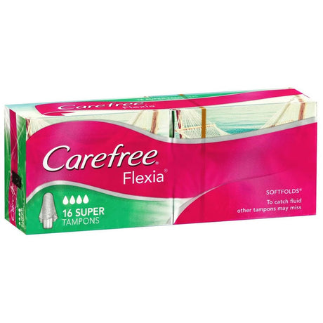 Carefree Flexia Super Tampons with flexible wings for superior leak protection and comfort during heavy flow days.