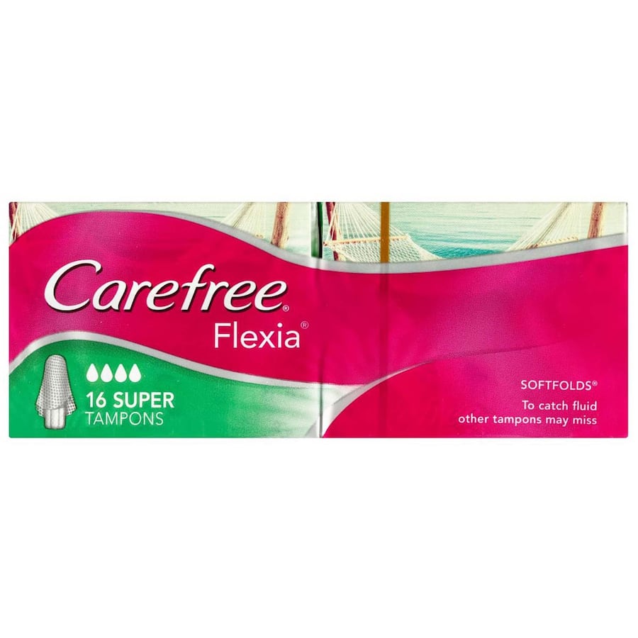 Carefree Flexia Tampons Super with flexible wings for superior leak protection and comfort during heavy flow days.