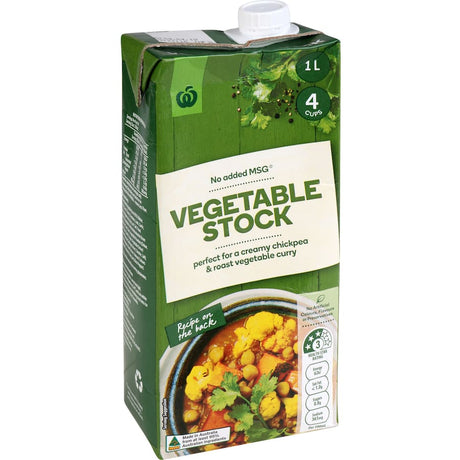 Woolworths Vegetable Stock Liquid in a 1L pack, free from preservatives and artificial additives, perfect for enhancing savory dishes.