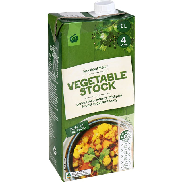 Woolworths Vegetable Stock Liquid in a 1L pack, free from preservatives and artificial additives, perfect for enhancing savory dishes.