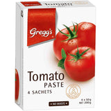 Gregg's Tomato Paste: triple concentrated, four 50g sachets, boosts umami flavor for soups, stews, and sauces.