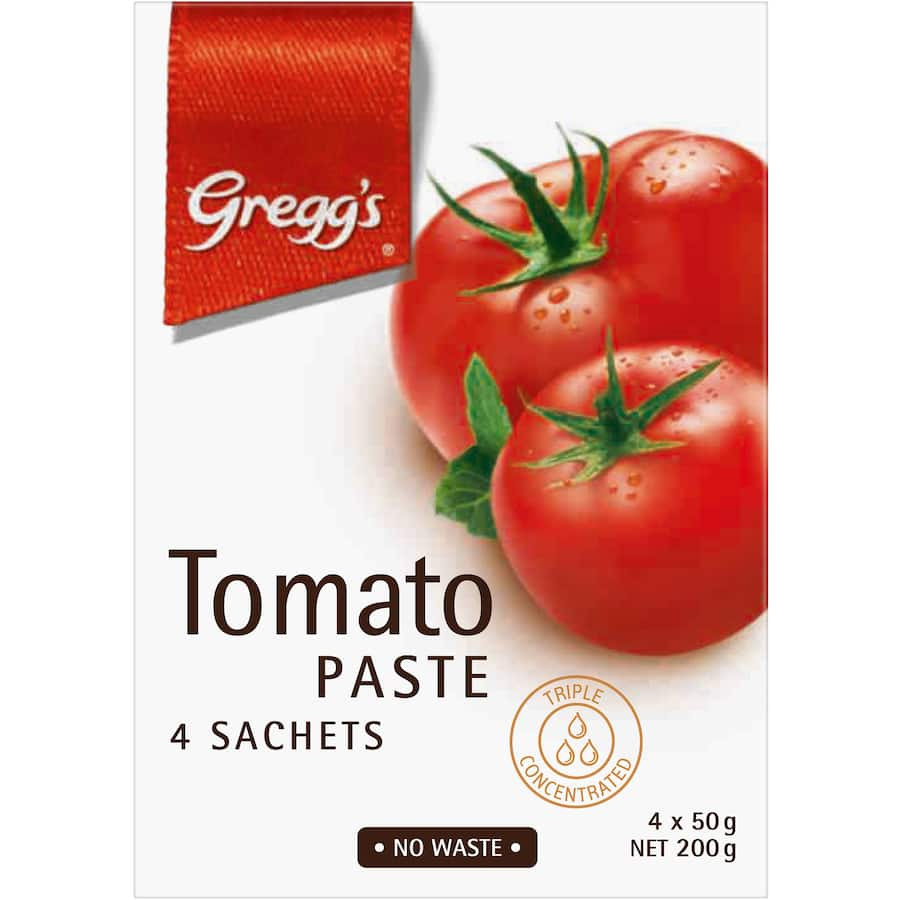 Gregg's Tomato Paste: rich umami flavor in four 50g sachets, perfect for enhancing soups, stews, and pasta dishes.