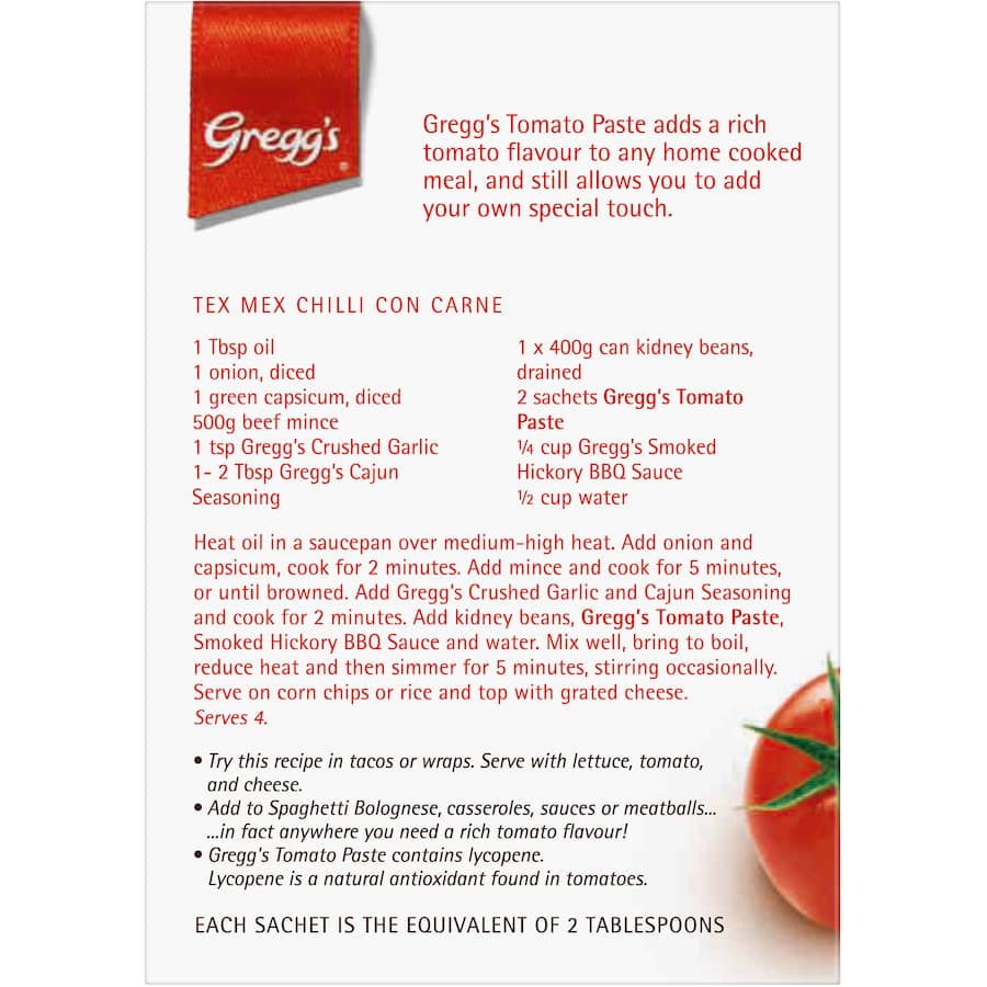 Gregg's Tomato Paste: Triple concentrated, umami-rich tomato paste in four 50g sachets, ideal for enhancing various dishes.