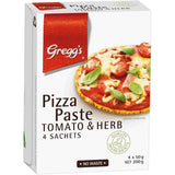 Gregg's Pizza Paste Tomato & Herb in 4 sachets, featuring rich tomatoes, garlic, onions, and herbs, perfect for homemade pizzas.