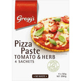 Gregg's Pizza Paste Tomato & Herb in four 50g sachets, ideal for homemade pizzas with rich tomato, garlic, and herbal flavors.