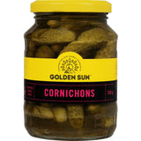 Golden Sun Cornichons: gluten-free baby gherkins adding a flavorful crunch to sandwiches, salads, and cheese platters.