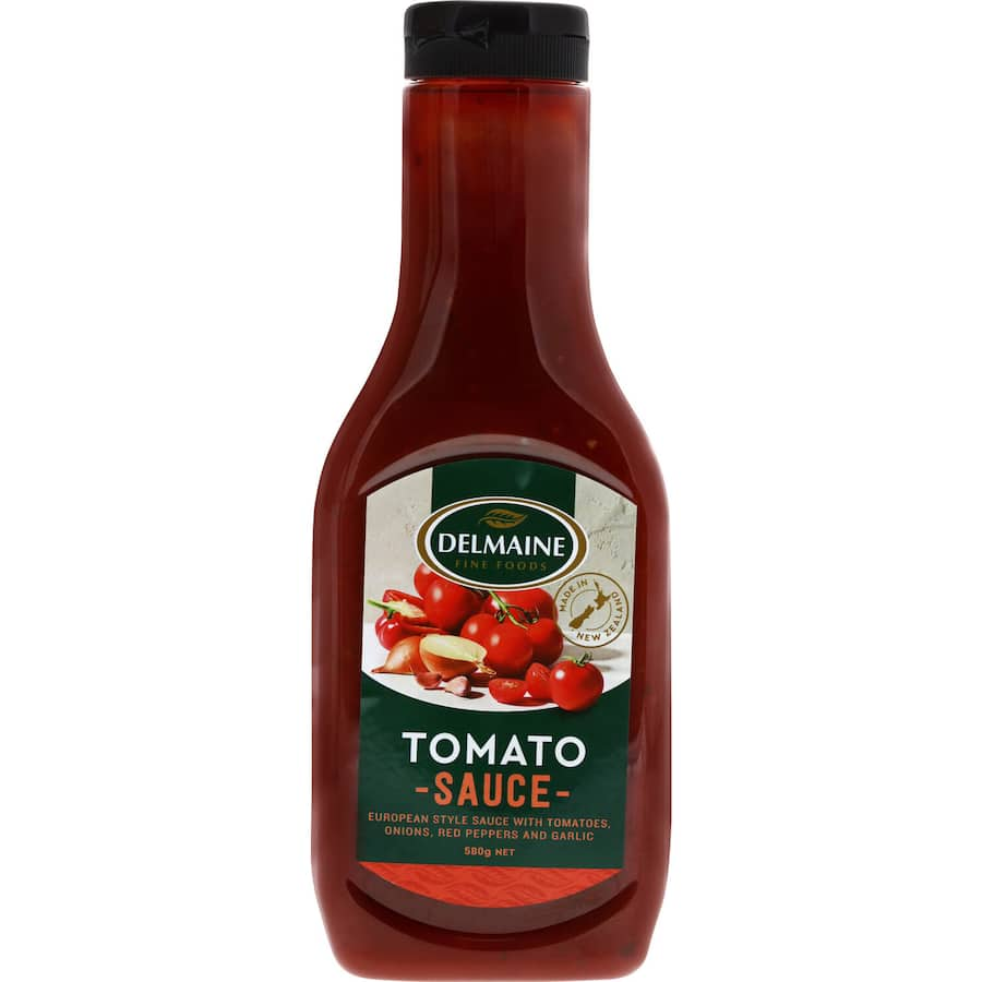 Delmaine Tomato Sauce: rich, European-style sauce made with sun-ripened tomatoes, garlic, and red capsicum for versatile meals.