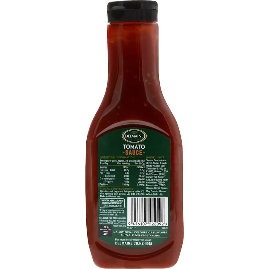 Delmaine Tomato Sauce bottle showcasing rich tomato blend, perfect for BBQ, sandwiches, and American classics.