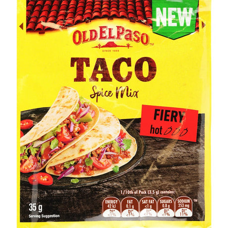 Old El Paso Taco Seasoning Fiery Spice Mix enhances dishes with a zesty blend of spices and a bold kick of heat.