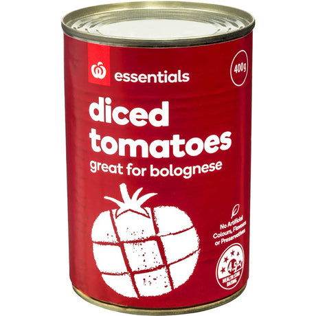 Essentials Diced Tomatoes in a can, perfect for bolognese, soups, and salsas, made from sun-ripened tomatoes, no additives.