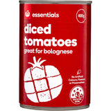 A can of Essentials Diced Tomatoes, perfect for enhancing meals like bolognese, soups, and salsas with rich flavor.