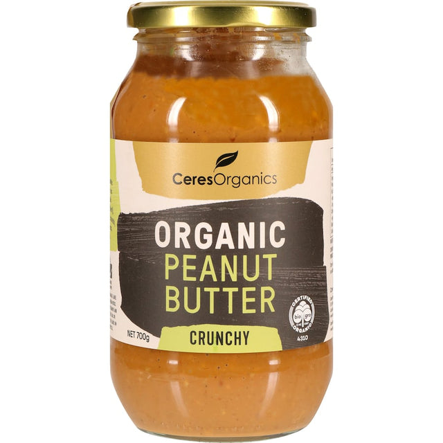 Ceres Organics Crunchy Peanut Butter jar, highlighting its two-ingredient goodness and satisfying texture for healthy snacking.