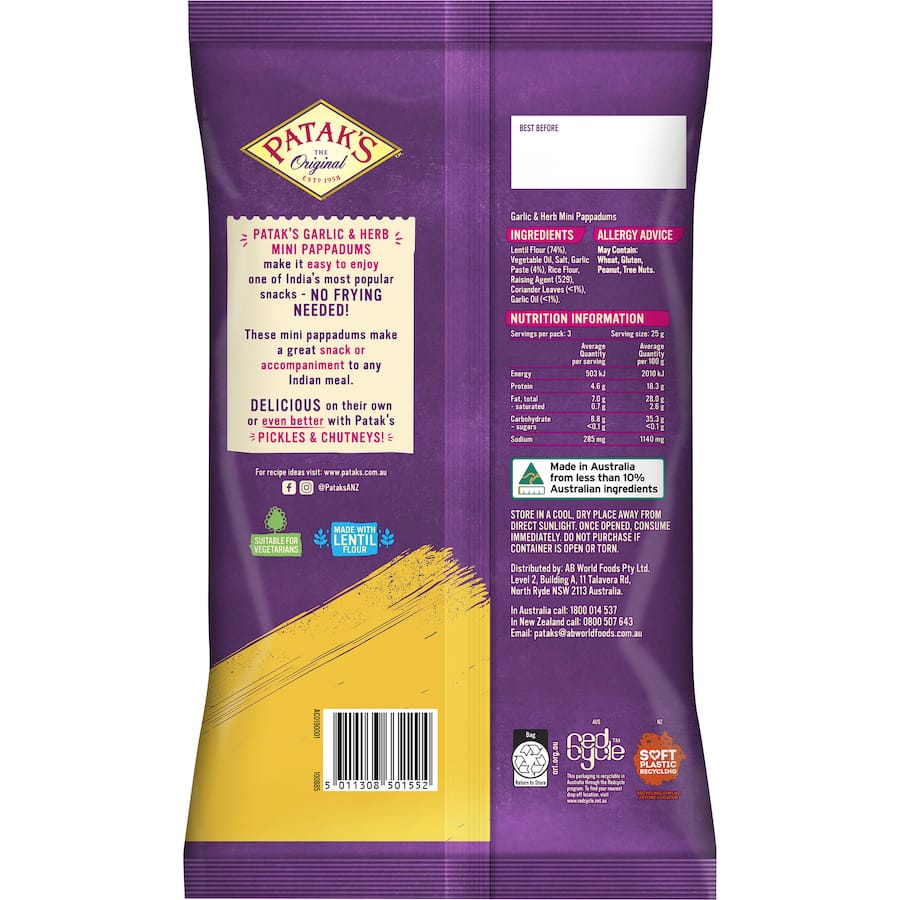 Pataks Pappadums Mini Garlic & Herb Packet 75g