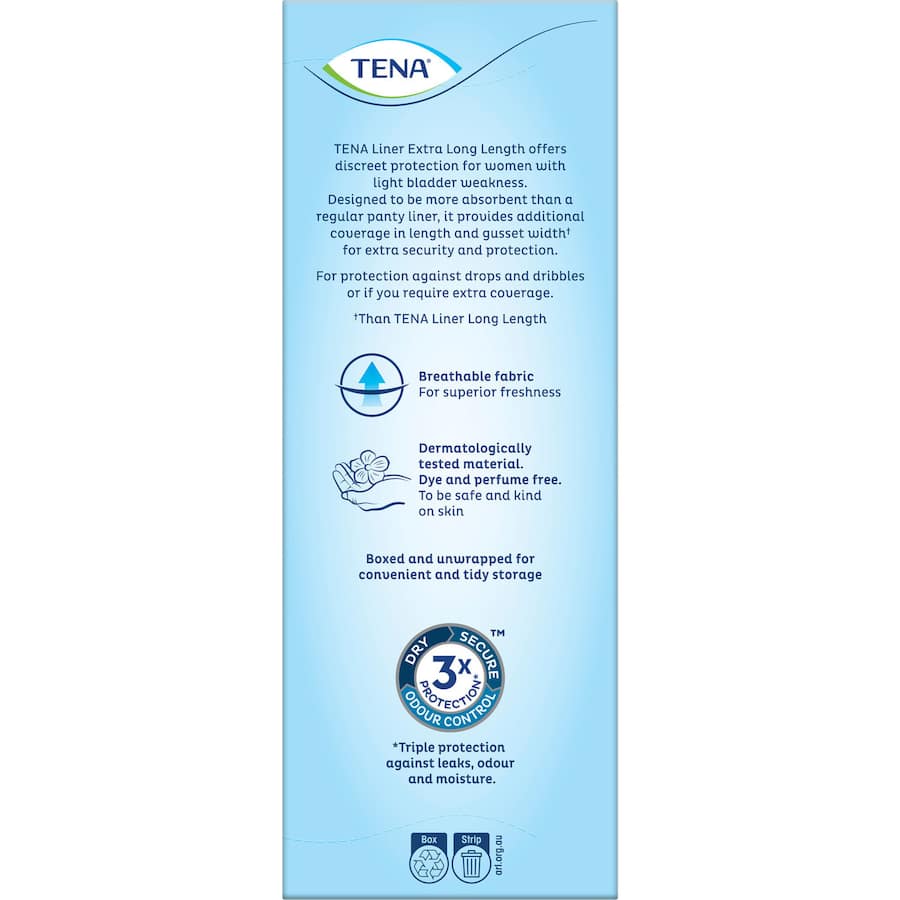 TENA Active Women's Extra Long Liners for discreet protection against light incontinence, featuring high absorbency and comfort fit.