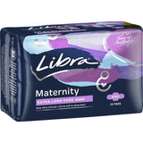 Libra Extra Long Maternity Pads with Wings, featuring Aloe Vera for softness, BodyFit shape for comfort, and secure fit.