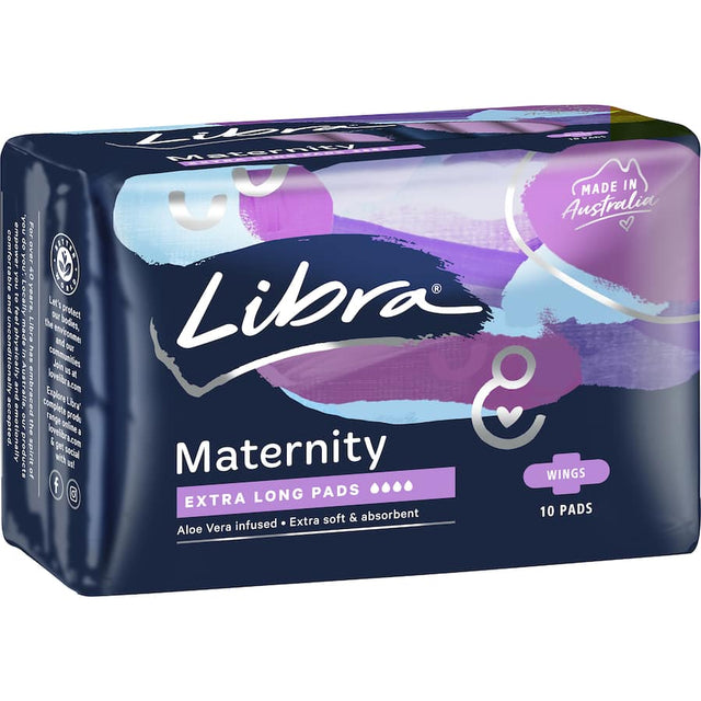 Libra Extra Long Maternity Pads with Wings, featuring Aloe Vera for softness, BodyFit shape for comfort, and secure fit.