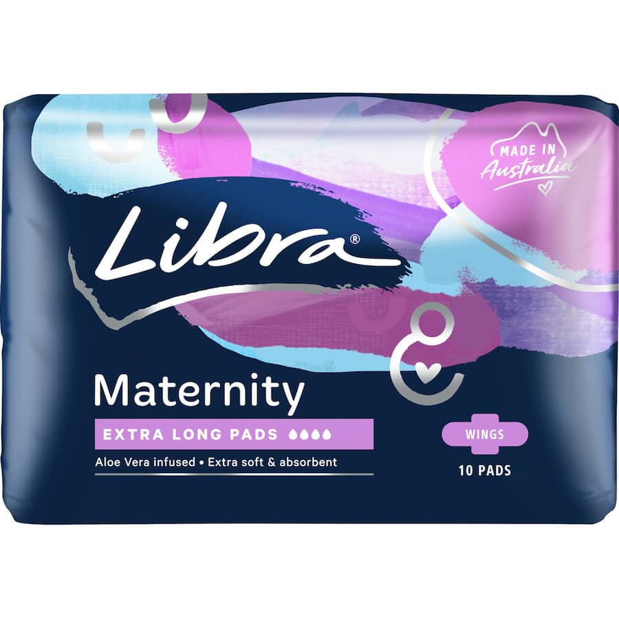 Libra Maternity Pads Extra Long with Wings, featuring Aloe Vera for comfort, exceptional absorbency, and a secure fit.