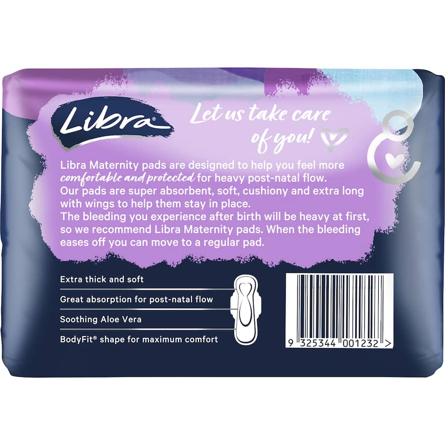 Libra Maternity Pads Extra Long with wings offer exceptional absorbency, Aloe Vera comfort, and a secure fit for new mothers.