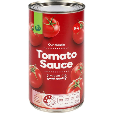 Woolworths Tomato Sauce 565g Refill, a rich, versatile condiment perfect for enhancing meals and ideal for various recipes.