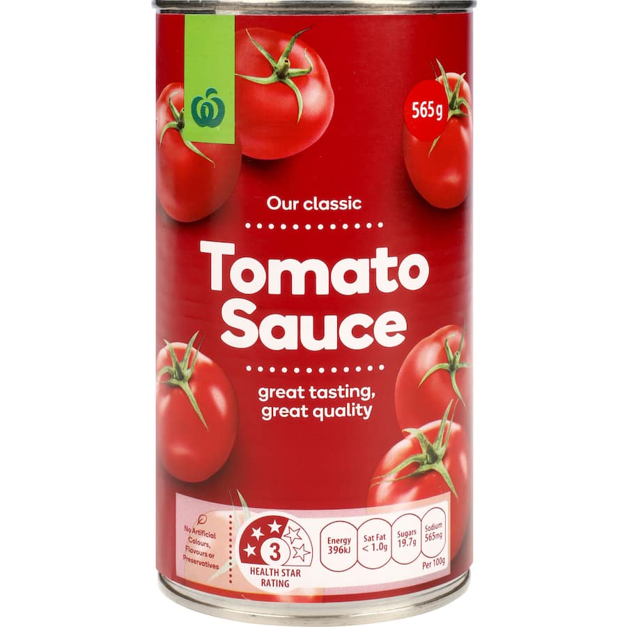 Woolworths Tomato Sauce 565g Refill bottle featuring rich, smooth texture perfect for enhancing various meals and snacks.