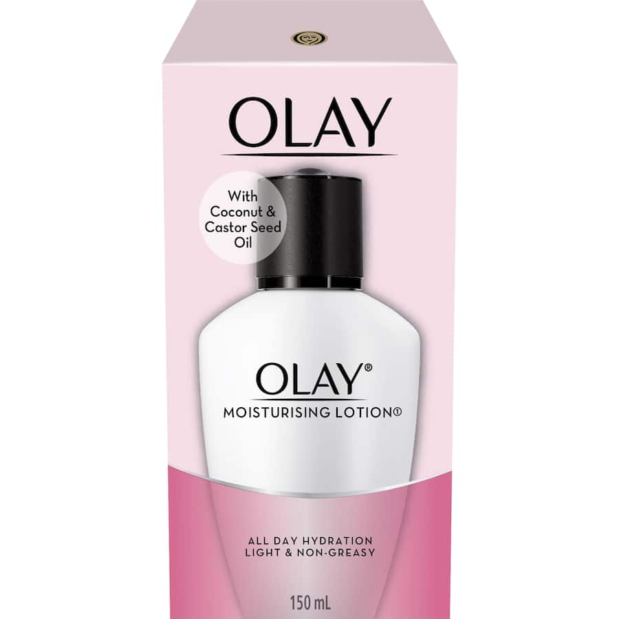 Olay Moisturising Lotion with coconut and castor seed oil provides all-day hydration for soft, smooth, and non-greasy skin.