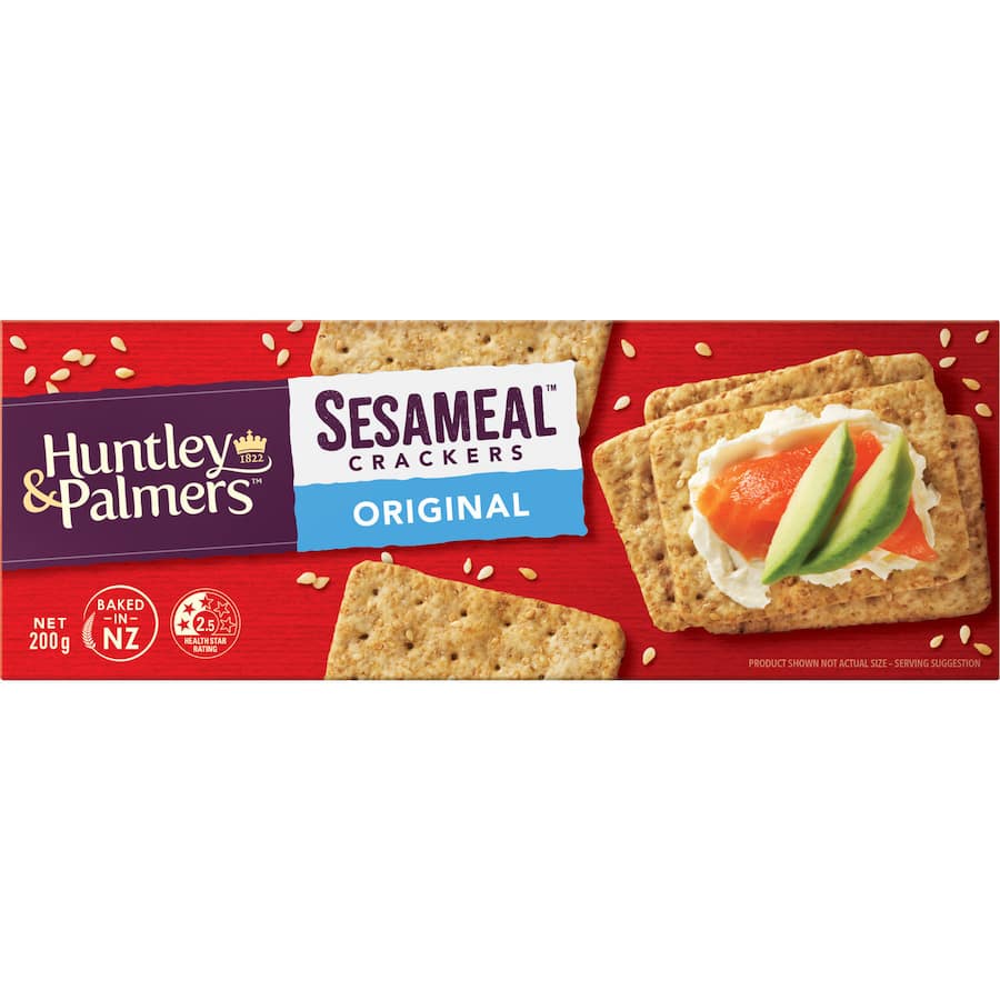 Crispy sesame crackers from Huntley & Palmers, ideal for snacks, cheese platters, or as a bread alternative.