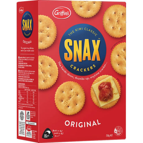 Original Griffin's Snax Crackers, golden and crunchy, perfect for snacking or pairing with dips and cheeses.