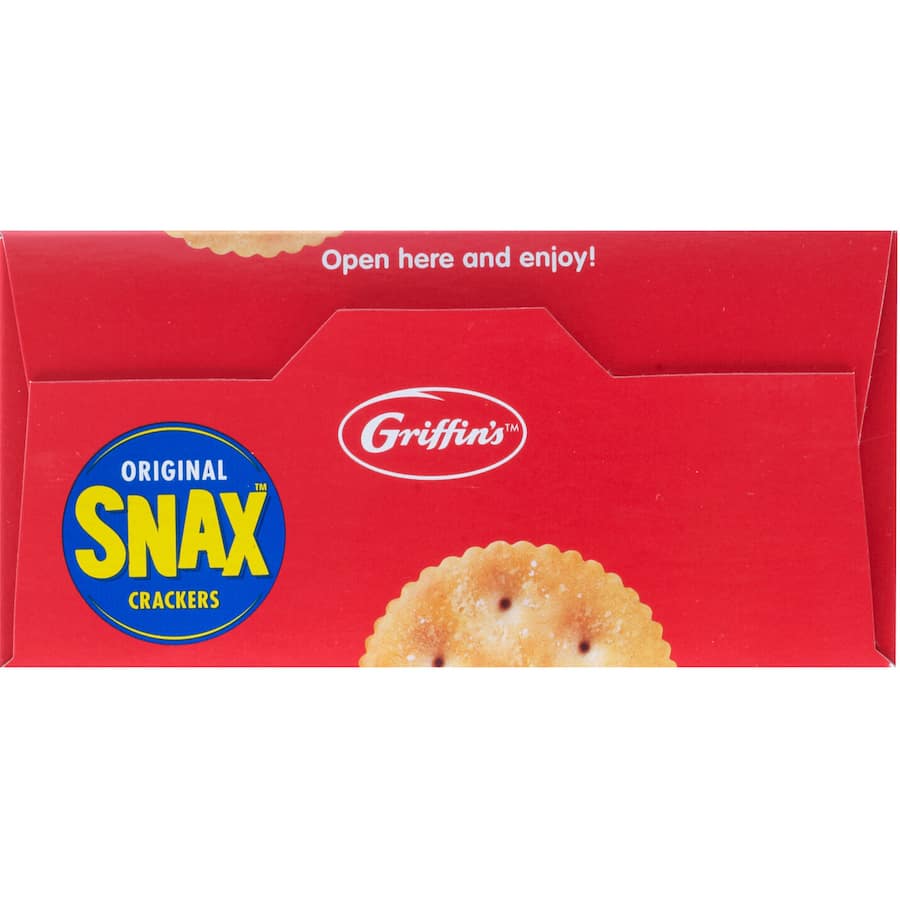 A bag of Griffin's Snax Crackers Original, perfect for snacking, featuring a crunchy texture and rich flavor.