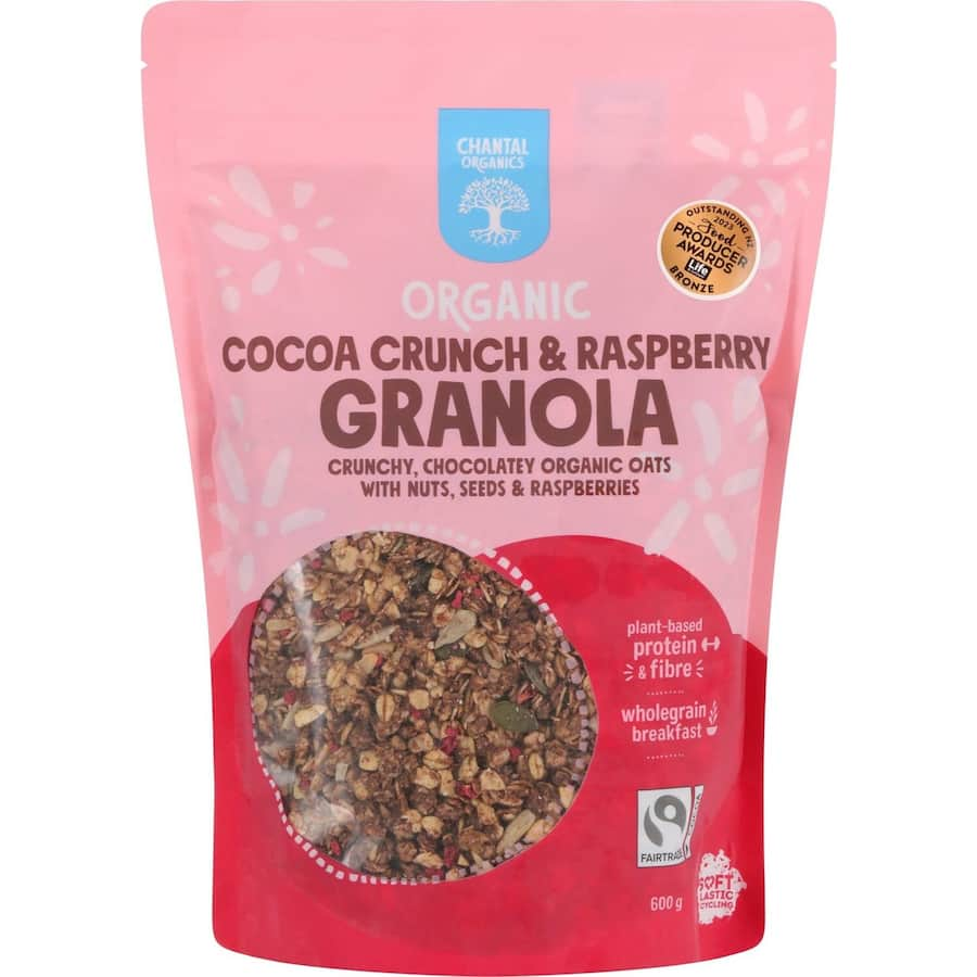 Chantal Organics Cocoa Crunch & Raspberry granola with oats, cashews, seeds, Fairtrade cocoa, and raspberry chunks.