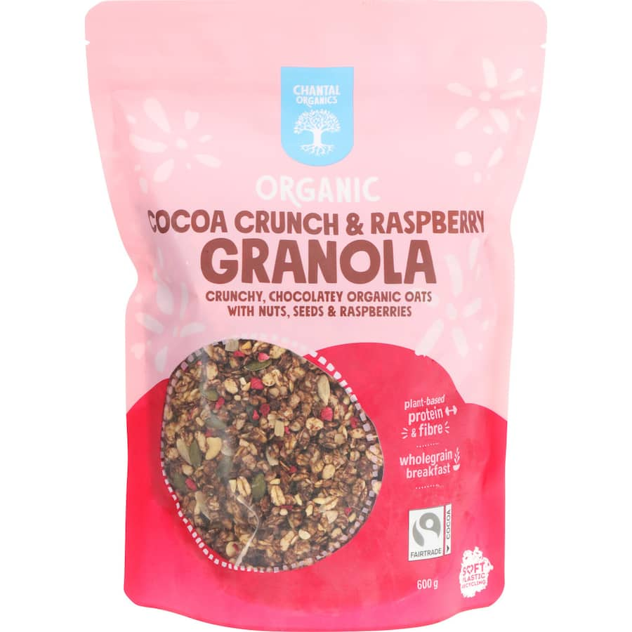 Chantal Organics Granola Cocoa Crunch & Raspberry features crunchy oats, cashews, cocoa, and raspberry—perfect for breakfast or snacking.