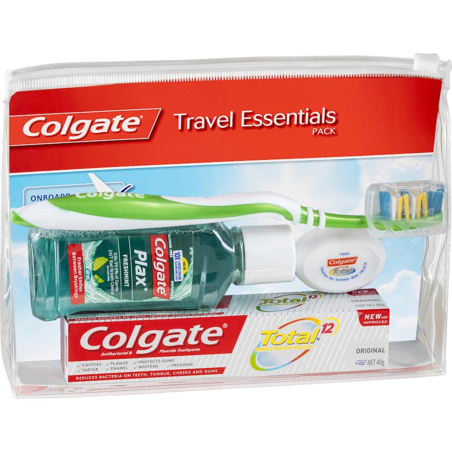 Colgate Oral Care Travel Essentials Kit with toothbrush, toothpaste, mouthwash, and floss in a resealable bag for travel hygiene.