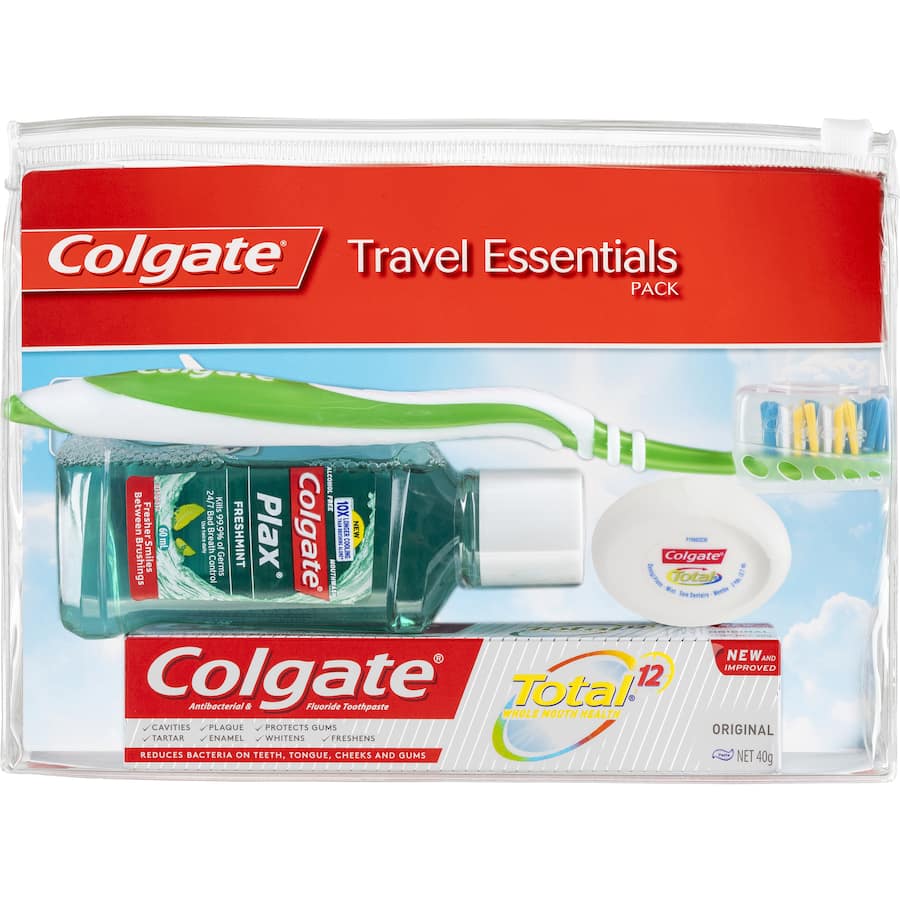 Colgate Oral Care Travel Essentials Kit with toothbrush, toothpaste, mouthwash, and dental floss in a resealable bag.