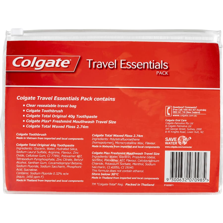 Colgate Oral Care Travel Essentials Kit: compact dental kit with toothbrush, toothpaste, mouthwash, and floss for healthy smiles on the go.